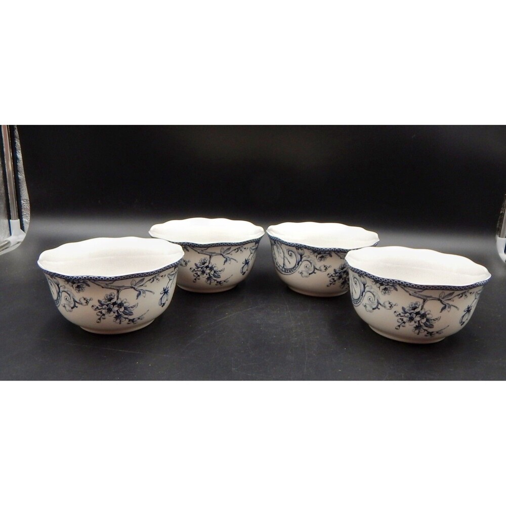 222 Fifth Adelaide Blue Toile Bird Floral Soup Cereal Bowls Scalloped Edge S/4